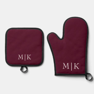 Burgundy and White   Modern Monogram Oven Mitt & Pot Holder Set