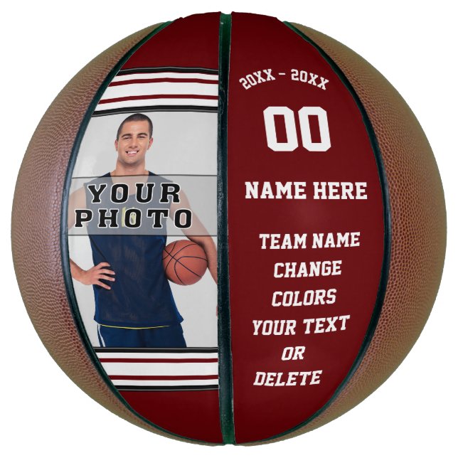 Burgundy and White Personalized Photo Basketball (Vertical)
