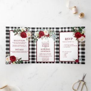 Burgundy and White Roses, Buffalo Plaid Wedding Tri-Fold Invitation