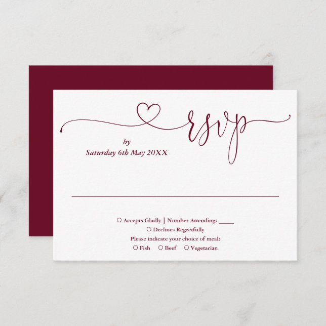 Burgundy And White Script Heart  RSVP Card (Front/Back)