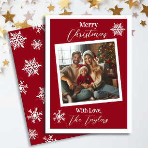 Burgundy and White Snowflakes Photo Christmas Holiday Card