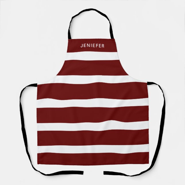 Burgundy and White Striped Pattern Custom Name Apron (Front)