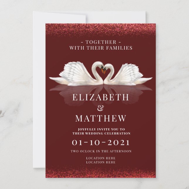 Burgundy and White Themed with Swans Wedding Invit Invitation (Front)