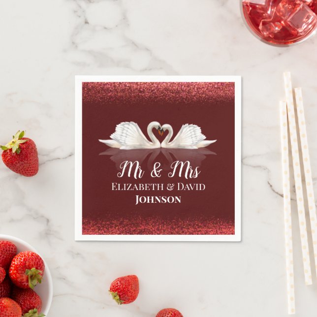 Burgundy and White Themed with Swans Wedding Napkin (Insitu)