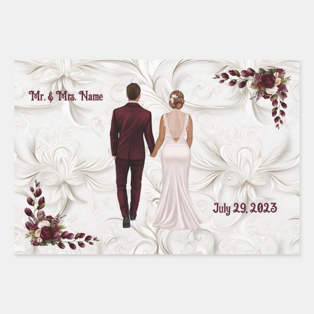 Burgundy and white wedding wrapping paper (Front)