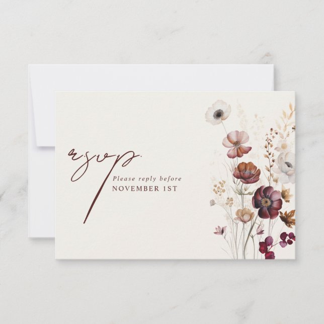 Burgundy Anemone Floral Wedding Meal RSVP Card (Front)
