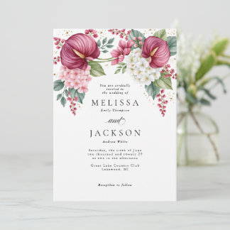 Burgundy Anthurium and Hydrangea Wedding Invitation