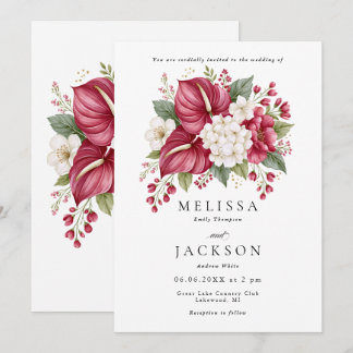 Burgundy Anthurium and Hydrangea Wedding Invitation