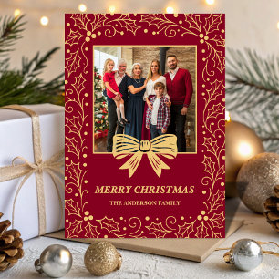 Burgundy & Antique-Gold Bow Family Christmas Photo Holiday Card