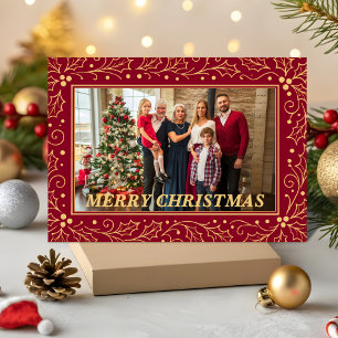 Burgundy & Antique-Gold Family Christmas Photo Holiday Card