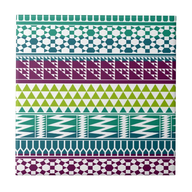 Burgundy Aqua Geometric Aztec Tribal Print Pattern Tile (Front)