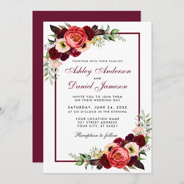 Burgundy Aquarelle Floral Boho Mariage Invitation (Devant / Derrière)