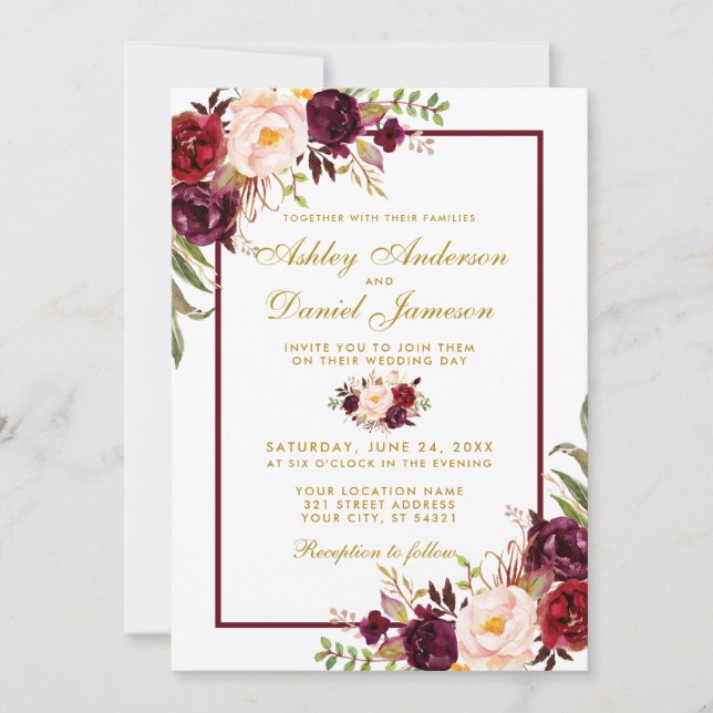 Burgundy Aquarelle Floral Gold Wedding Invitation  (Devant)