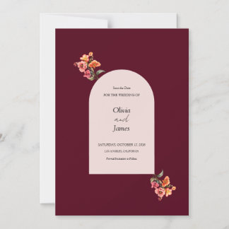 Burgundy Arched Floral Wedding Save the Date Magnetic Invitation