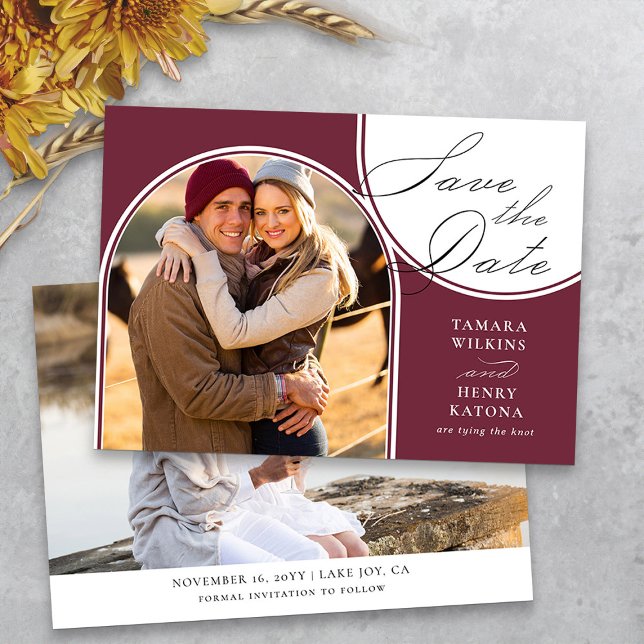 Burgundy Arched Photo Wedding Calligraphy Save The Date (Photo save the date burgundy wedding announcement from my Wedding Colors collection)