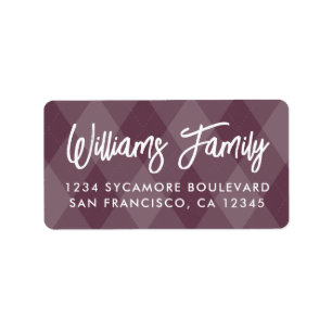 Burgundy Argyle White Script Return Address Label