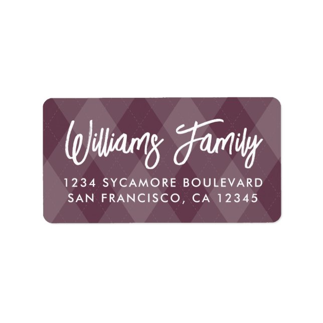 Burgundy Argyle White Script Return Address Label (Front)