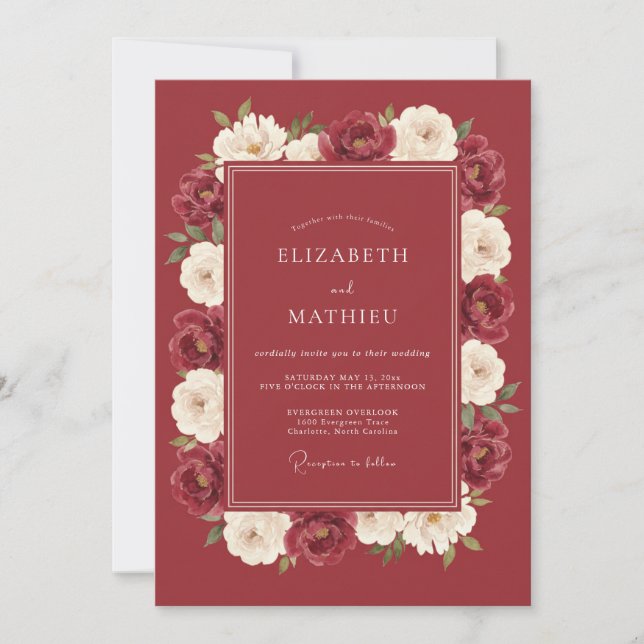 Burgundy Artisan Bloom Wedding Invitation (Front)