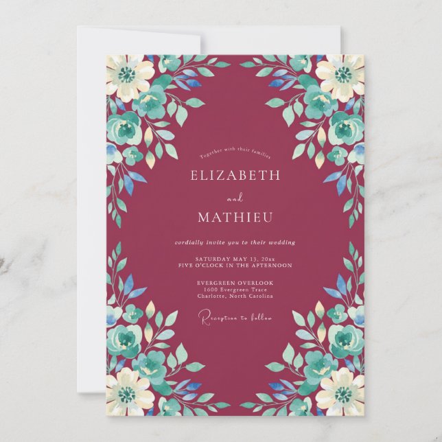 Burgundy Artistic Blossom Wedding Invitation (Front)