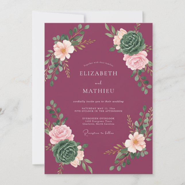 Burgundy Artistic Botanical Wedding Invitation (Front)