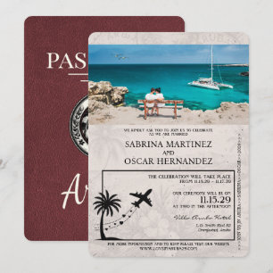 Burgundy Aruba Passport Wedding Invitation