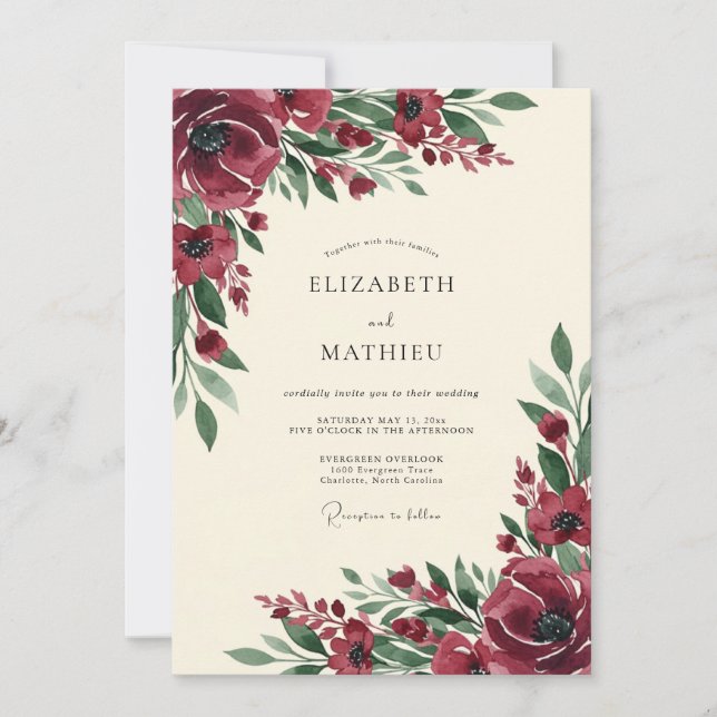 Burgundy Autumn Bloom Wedding Invitation (Front)