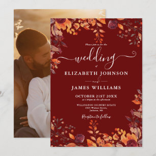 Burgundy Autumn Fall Floral Photo Wedding Invitation