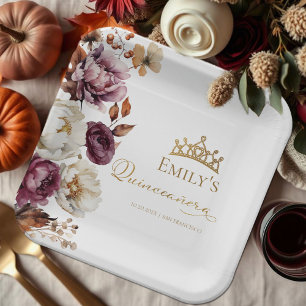 Burgundy Autumn Fall Floral Quinceanera Paper Plate