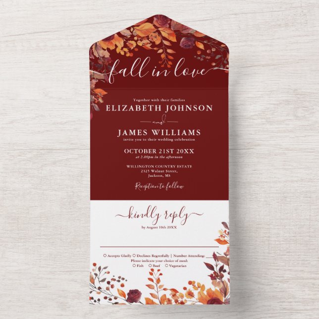 Burgundy Autumn Floral Fall In Love Wedding All In One Invitation (Inside)