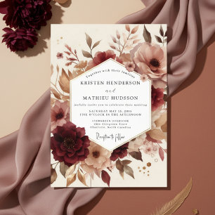 Burgundy Autumn Floral Romantic Wedding Invitation