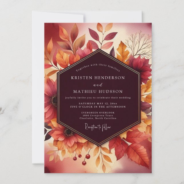 Burgundy Autumn Floral Wedding Invitation (Front)
