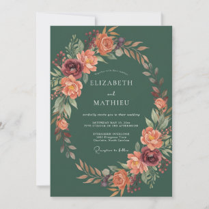 Burgundy Autumn Floral Wreath Wedding Invitation