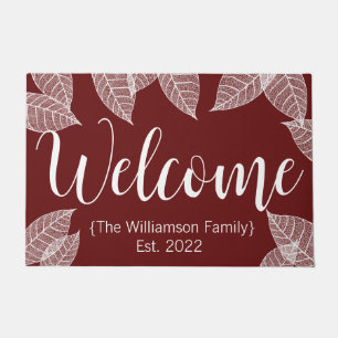 Burgundy Autumn Leaves Welcome Script Doormat
