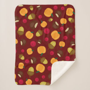 Burgundy Autumn Pumpkin Berries Chestnut Pattern Sherpa Blanket