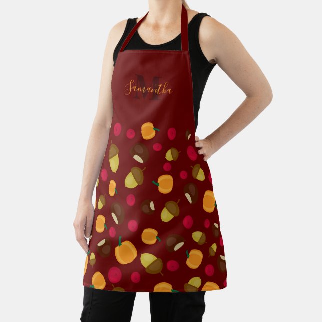 Burgundy Autumn Pumpkin Berries Pattern Monogram Apron (Insitu)