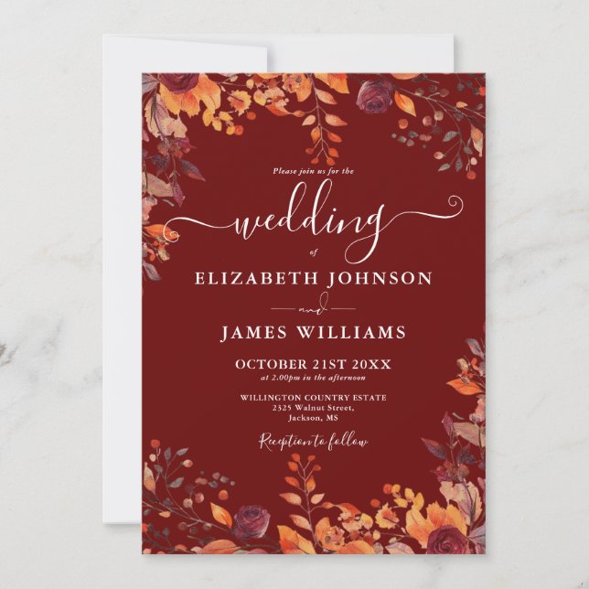 Burgundy Autumn Rustic Floral Leaves Wedding Invitation (Front)