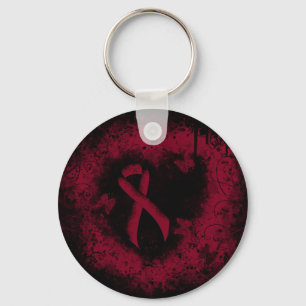 Burgundy Awareness Ribbon Grunge Heart Keychain