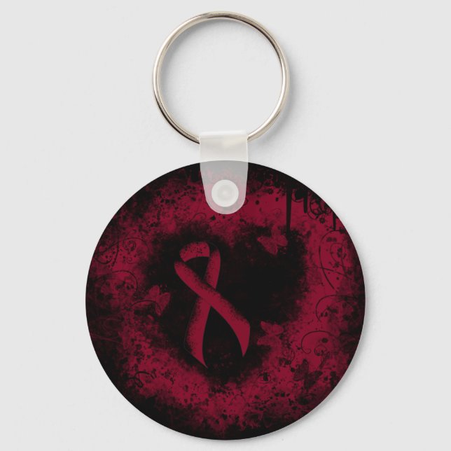 Burgundy Awareness Ribbon Grunge Heart Keychain (Front)