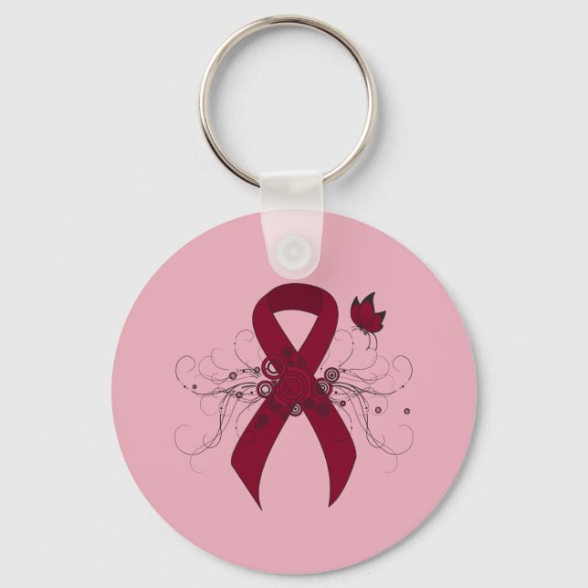 Burgundy Awareness Ribbon with Butterfly Keychain (Front)