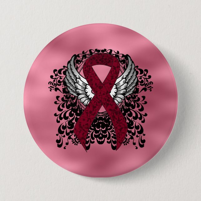 Burgundy Awareness  Ribbon with Wings 3 Inch Round Button (Front)