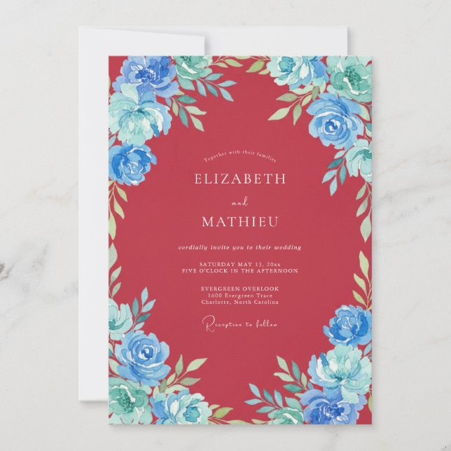 Burgundy Azure Blossom Wedding Invitation (Front)