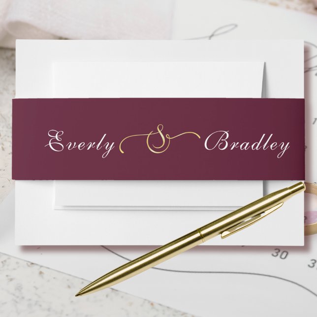 Burgundy Background White Script Gold Ampersand  Invitation Belly Band (Creator Uploaded)