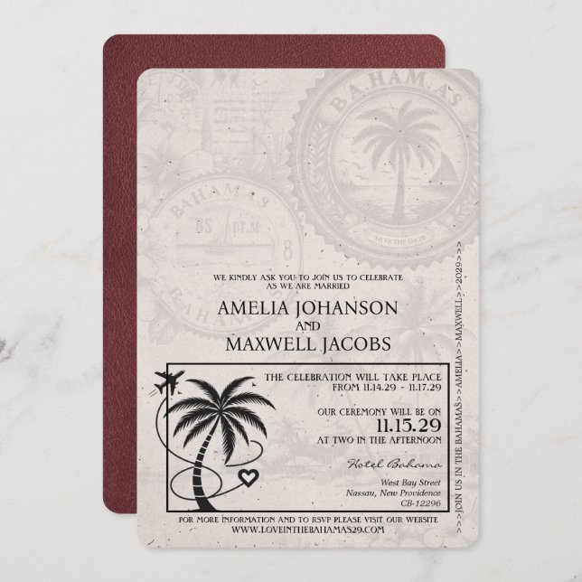 Burgundy Bahamas Passport Wedding Invitation (Front/Back)