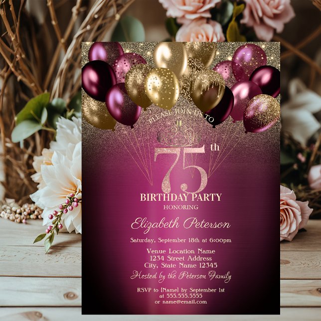 Burgundy Balloons Glitter 75th Birthday Invitation (Creator Uploaded)