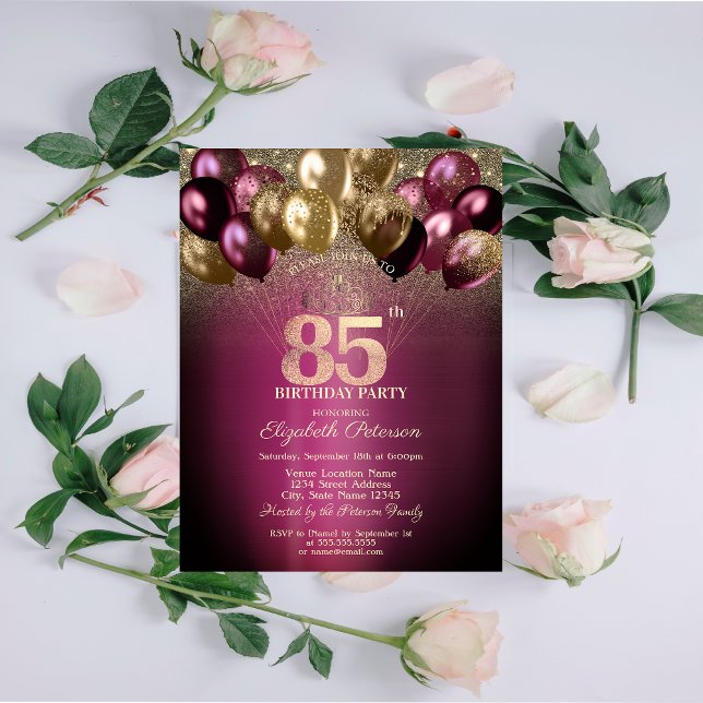 Burgundy Balloons Glitter 85th Birthday Invitation (Creator Uploaded)