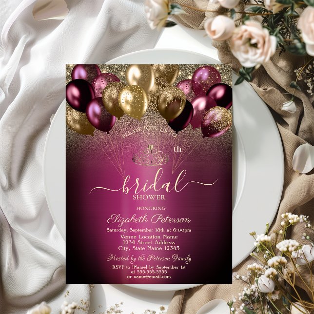 Burgundy Balloons Glitter Bridal Shower Invitation (Creator Uploaded)
