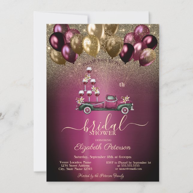 Burgundy Balloons Wine Truck Glitter Bridal Shower Invitation (Front)