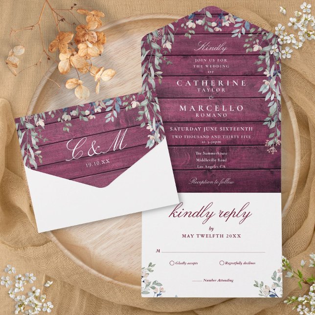 Burgundy Barn Wood Floral Greenery Cascade Wedding All In One Invitation (Burgundy Barn Wood Floral Greenery Cascade Wedding All In One Invitation)
