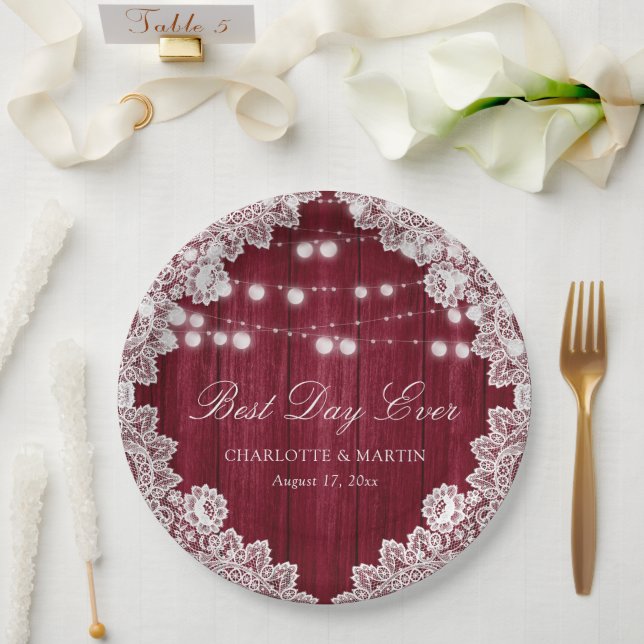 Burgundy Barn Wood Lace String Lights Wedding Paper Plate (Wedding)