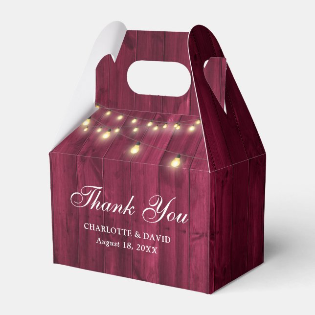 Burgundy Barn Wood String Lights Wedding Favor Box (Front Side)